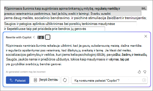 „Copilot“ programoje „Word“ su teksto pasiūlymų ir parinkčių perrašymo ekrano kopija