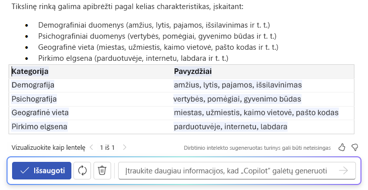 „Copilot“ programoje „Word“ ekrano kopija, kurioje rodomas teksto į lentelę galimybės