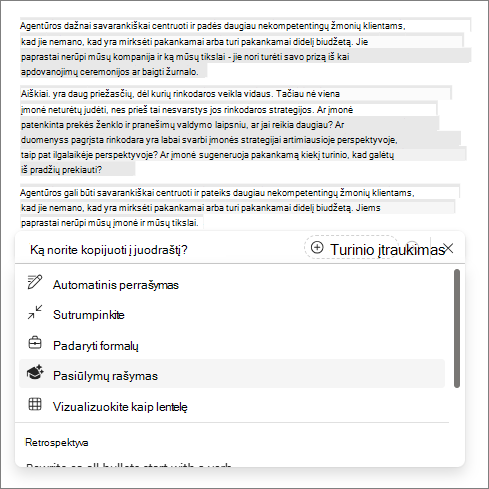 Pasiūlymų rašymo parinktis 