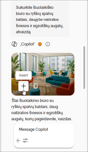 Rodomas „Copilot“ raginimas sukurti modernaus biuro su spalvotais baldais, natūralia šviesa ir egzotiškais augalais vaizdą, po kurio pateikiami keturi vaizdai.