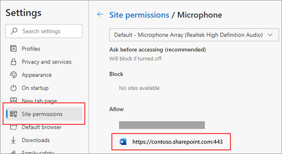 „Microsoft Edge“ mikrofono teisių parametrų puslapis