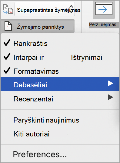 Keitimų sekimo žymėjimo parinktys