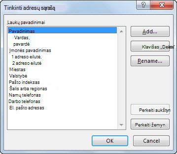 Dialogo langas Adresų sąrašo tinkinimas