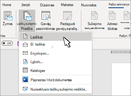 Laiškų suliejimo pradžios meniu su pasirinktais laiškais