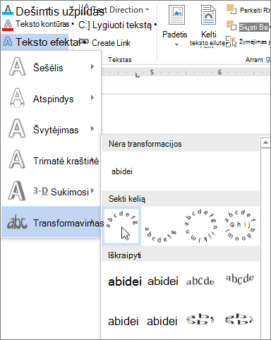 Teksto lenkto transformavimo efekto pasirinkimas