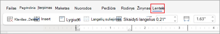 Lentelės skirtukai supaprastintoje juostelėje