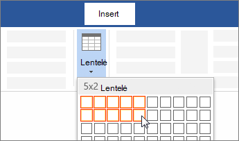 Įterpkite lentelę vilkdami ir pasirinkdami langelių skaičių