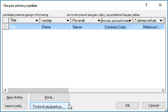Norėdami įtraukti pasirinktinius stulpelius į laiškų sąrašą, spustelėkite mygtuką Tinkinti stulpelius.