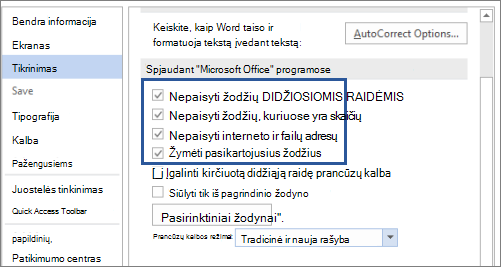 Parinktys nepaisyti žodžių tikrinant rašybą