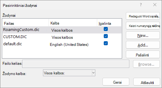 Dialogo langas Pasirinktinis žodynas