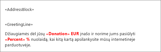 Laiškų suliejimo dokumento pavyzdys, kuriame prieš lauką pavadinimu Įnašas yra dolerio ženklas, o už lauko pavadinimu Procentai yra procento ženklas.