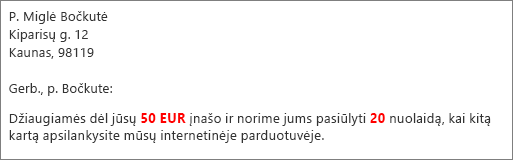 Laiškų suliejimo dokumentas, kuriame nurodomas jūsų $50,00 indėlis ir siūloma 20 % nuolaida.