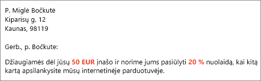 Laiškų suliejimo rezultatų dokumente nurodoma jūsų $50,00 įmoka ir siūloma 20 % nuolaida.