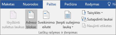 Atlikdami Word laiškų suliejimą, skirtuko Paštas grupėje Rašyti & įterpti laukus pasirinkite Adresų blokas.
