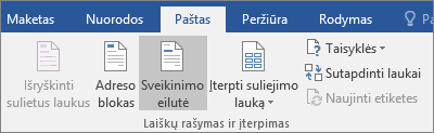 Atlikdami Word laiškų suliejimą, skirtuko Paštas grupėje Rašyti & įterpti laukus pasirinkite Pasisveikinimo eilutė.