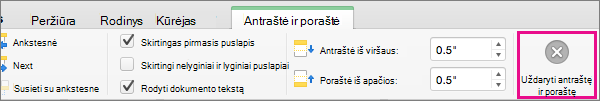 Norėdami baigti dokumento antraštės ar poraštės redagavimą, spustelėkite Uždaryti antraštę ir poraštę.