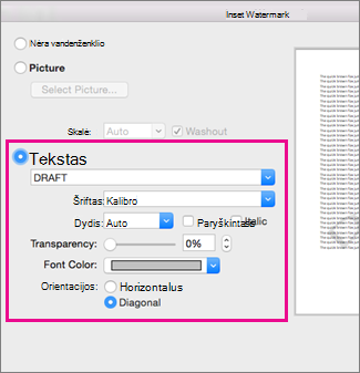 The Insert Watermark dialog box with a highlight around the Text options