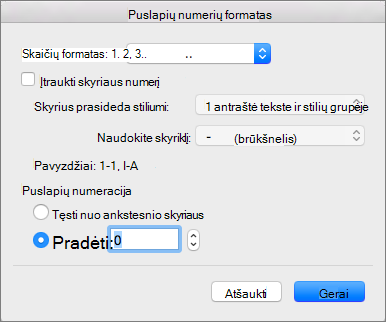 Pasirinkite numeravimo stilių ir pradinį numerį puslapių numerio formatu.