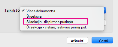 Taikyti meniu su paryškintu tik pirmu puslapiu