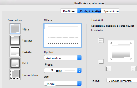 Puslapio kraštinės stiliaus, spalvos ir storio pasirinkimas