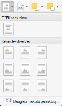 Padėties meniu pasirinkite pažymėto paveikslėlio arba piešimo objekto padėtį aplinkinio teksto atžvilgiu.