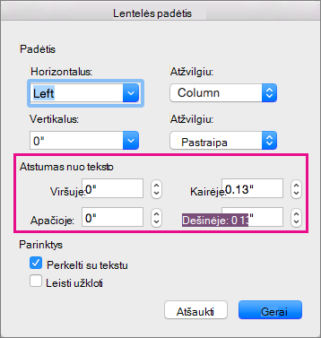 Dalyje Atstumas nuo aplinkinio teksto nustatykite tarpą tarp pasirinktos lentelės ir pagrindinio teksto.
