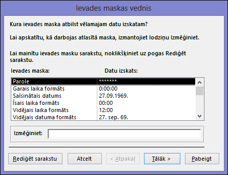 Ievades maskas vednis programmas Access datora datu bāzē