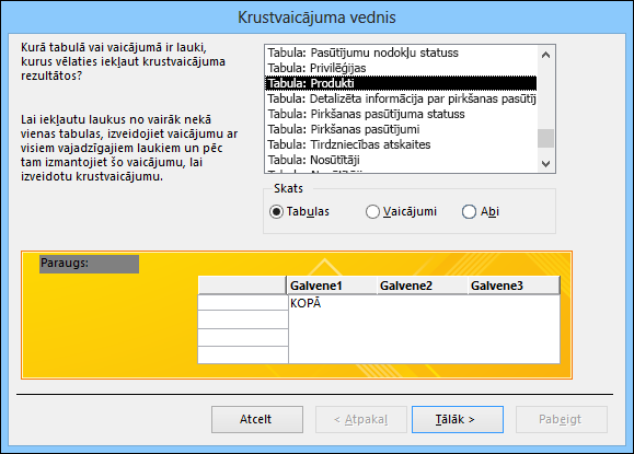 Krustvaicājuma vednī atlasiet tabulu vai vaicājumu.