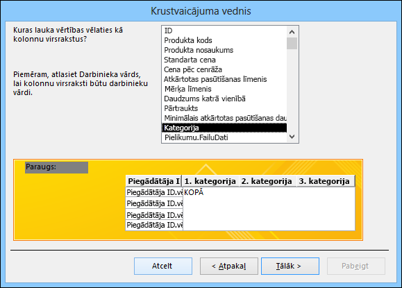 Atlasiet lauku, kura vērtības Krustvaicājuma vednī tiks parādītas kā rindu virsraksti.