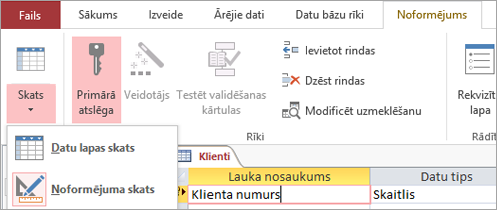 The Table Designer pārslēgšana starp datu lapas skatu un noformējuma skatu