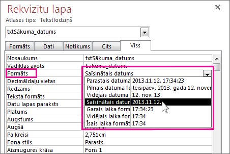 Rekvizītu lapas attēls ar attēlotu nolaižamo sarakstu Formāts.