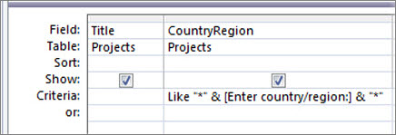 Vaicājuma noformējuma režģis ar šādiem kritērijiem kolonnā CountryRegion: Like * & [Enter country/region:] & *