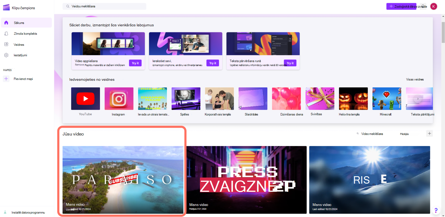 Ekrānuzņēmums ar Clipchamp personiskajiem kontiem, kas piekļūst videoklipam no sākumlapas.