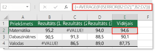 Masīva funkcija funkcijā AVERAGE #VALUE! kļūdas izlabošanai