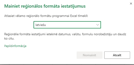 Reģionālo formātu iestatījumu mainīšanas dialoglodziņš