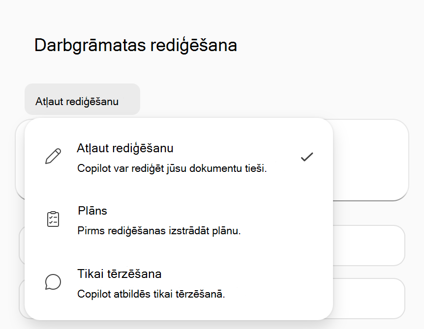 Ekrānuzņēmums ar Copilot Excel režīma opciju izvēlni.