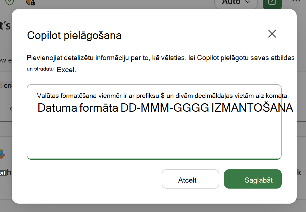 Ekrānuzņēmums ar Copilot programmā Excel personalizēšanas dialoglodziņu, tostarp piemēri teksta apgabalā.