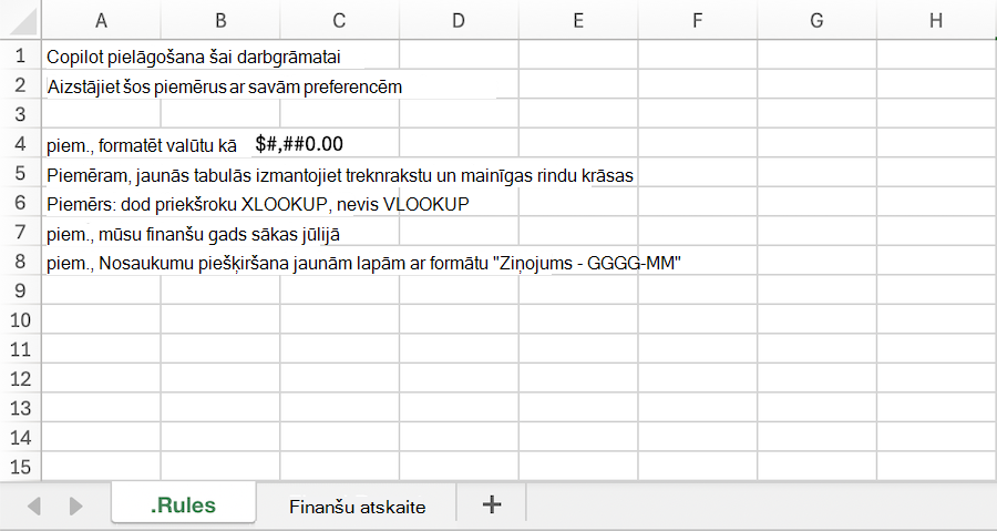Ekrānuzņēmums ar Copilot programmā Excel darbgrāmatu ar paraugu. kārtulu darblapa.