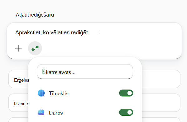 Ekrānuzņēmums ar Copilot programmā Excel uzvednes lauku ar atvērtu izvēlni Atlasīt avotus.