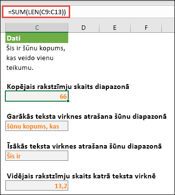 Skaitīt kopējo rakstzīmju skaitu diapazonā, kā arī citos masīvos, kas strādā ar teksta virknēm