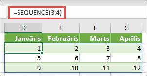 Izveidot 3 rindu un 4 kolonnu masīva konstanti ar =SEQUENCE(3,4)