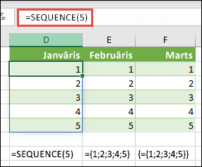 Izveidot vertikālo masīva konstanti ar =SEQUENCE(5) vai ={1;2;3;4;5}