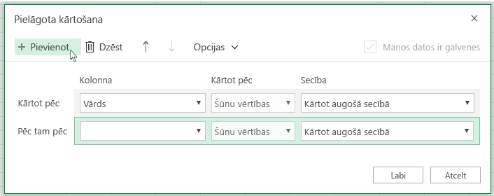 Pēc noklikšķināšanas uz Pievienot citu kārtošanas līmeni tiks parādīts sarakstā blakus opcijai Tad pēc
