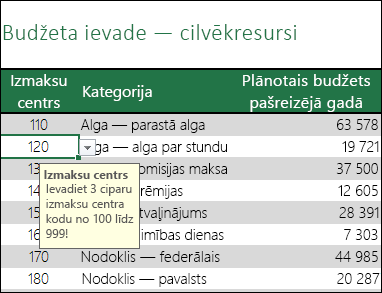 Kad lietotāji atlasa šūnu, tiek parādīts ievades ziņojums