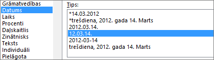 Šūnu formatēšanas dialogs, komanda Datums, 14.03.12., plkst. 13.30 tips