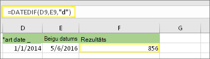 =DATEDIF(D9,E9,d) ar rezultātu 856