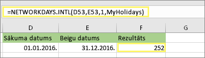 =NETWORKDAYS.INTL(D53,E53,1,MyHolidays) un rezultāts: 252