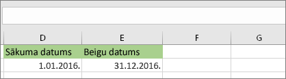Sākuma datums šūnā D53 ir 01.01.2016., beigu datums šūnā E53 ir 31.12.2016.