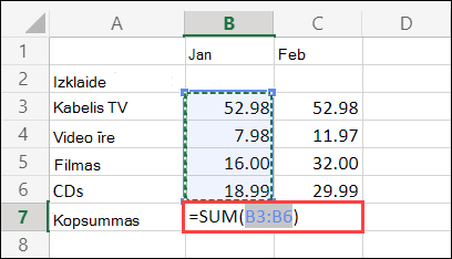 Excel tīmeklī automātiskās summēšanas šūna