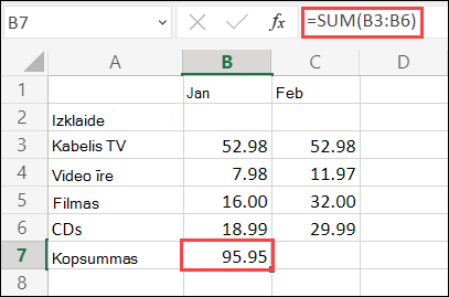 Excel tīmeklī automātiskās summēšanas formula